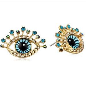 Betsey Johnson Eye Stud Earrings with Blue Crystals and Stones in Goldtone Metal